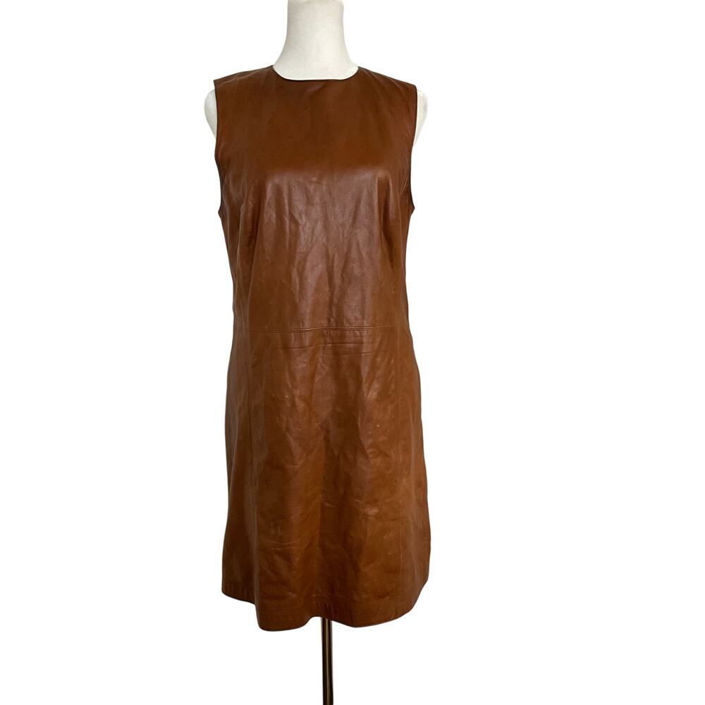 Vintage Ralph Lauren Cognac Brown Lamb Leather Sleeveless Shift Dress Size 6